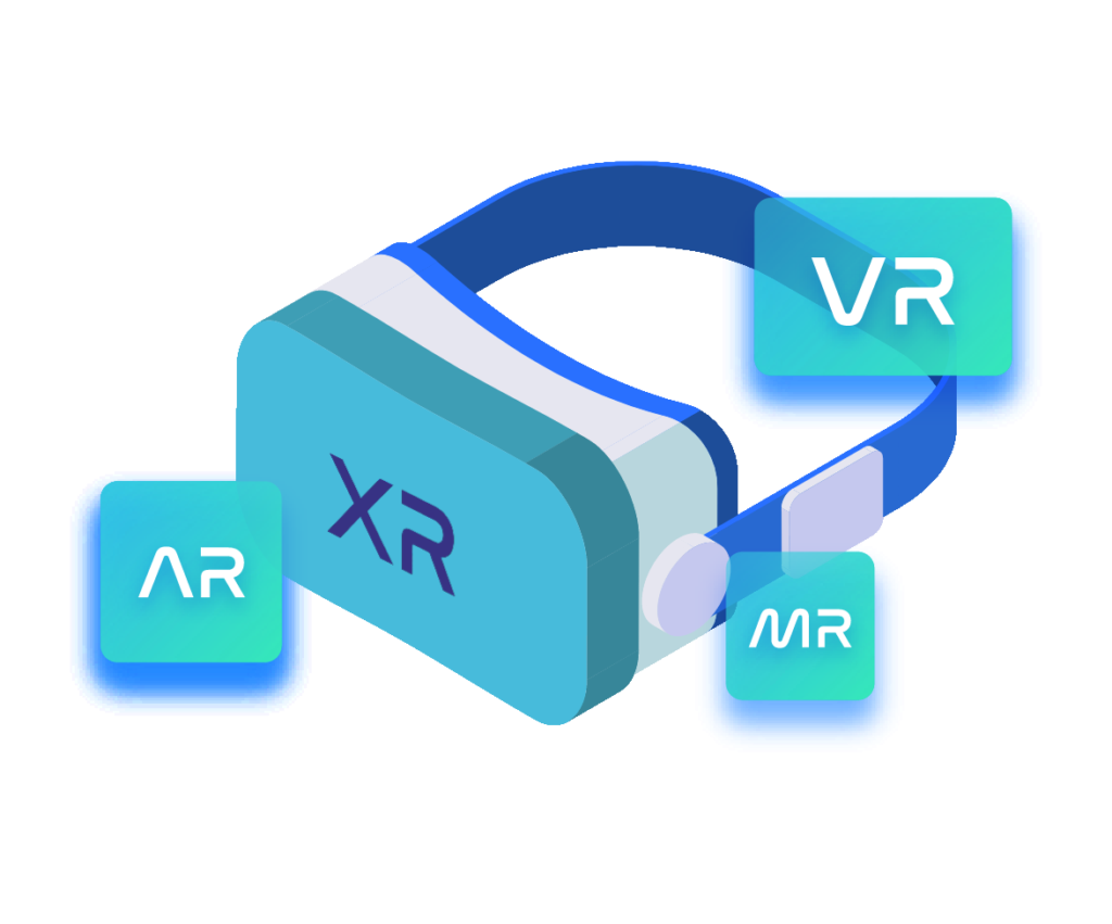 Extended reality concept illustration showcasing virtual, augmented, and mixed reality technologies.
